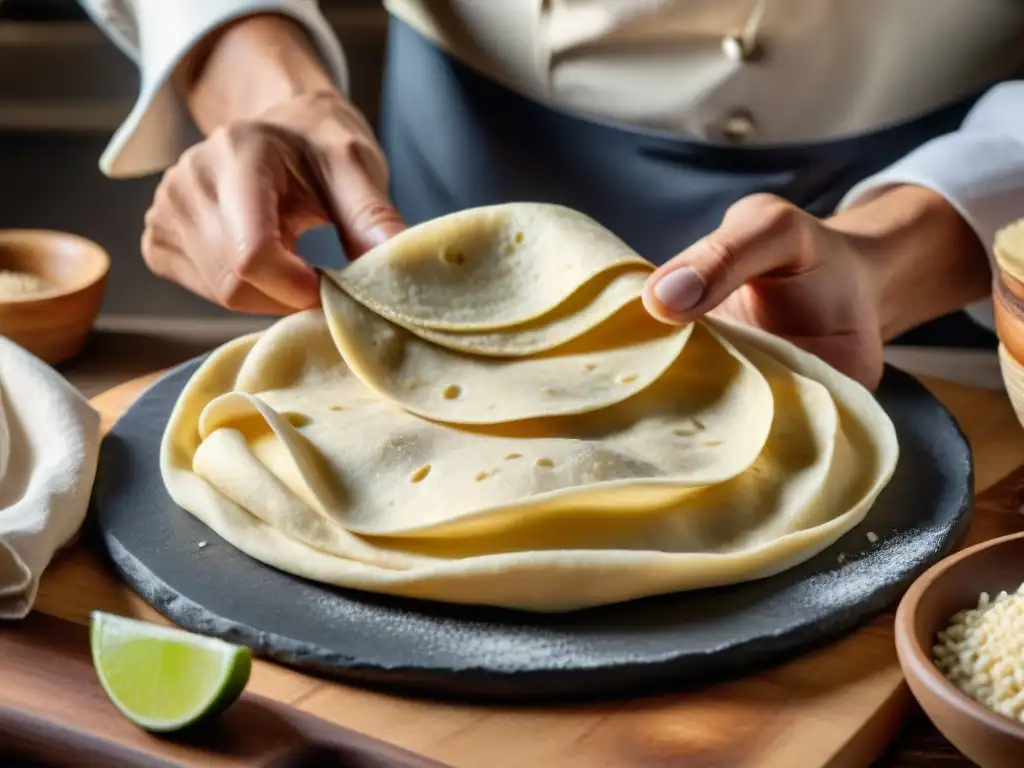 Manos de chef moldeando una tortilla sin gluten de forma artesanal en una cocina rústica