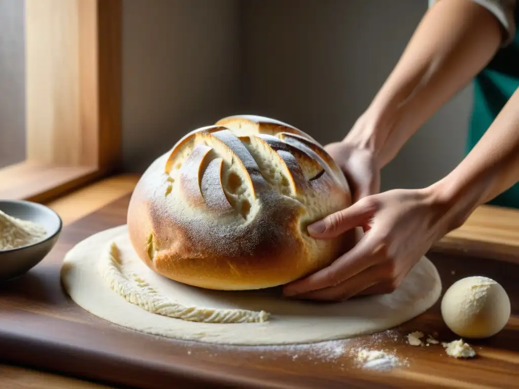 Unas manos amasando con cuidado masa de pan sin gluten en una encimera rústica