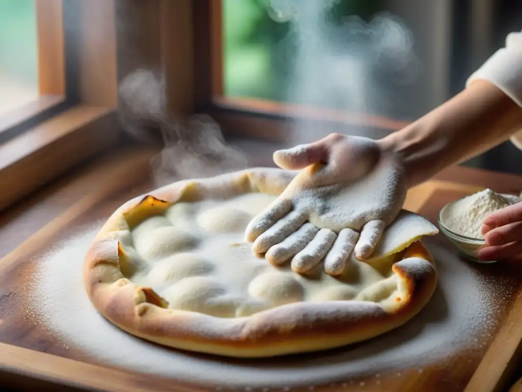 Unas manos moldean con cuidado una masa de pizza sin gluten sobre una superficie de madera, creando una obra de arte culinaria