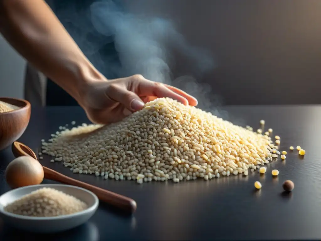 Arte culinario: manos cuidadosas preparando granos sin gluten Manos cuidadosas arreglan granos sin gluten en elegante cocina