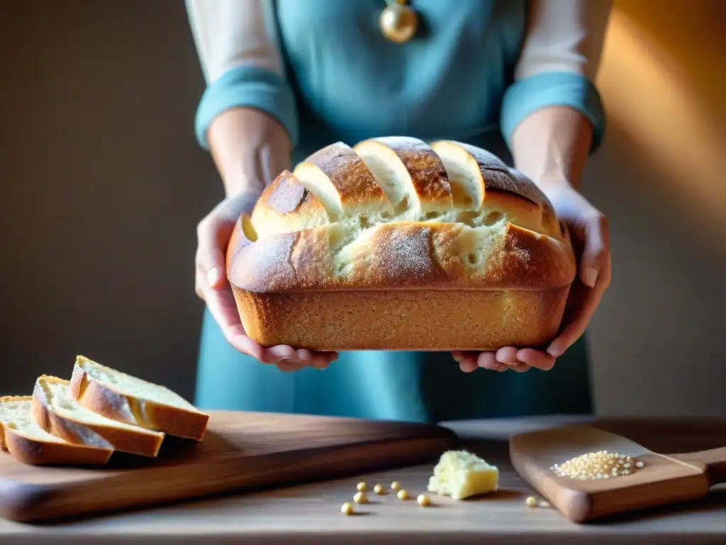 Manos cuidadosas sostienen un pan sin gluten, en un entorno de cocina sereno y luminoso