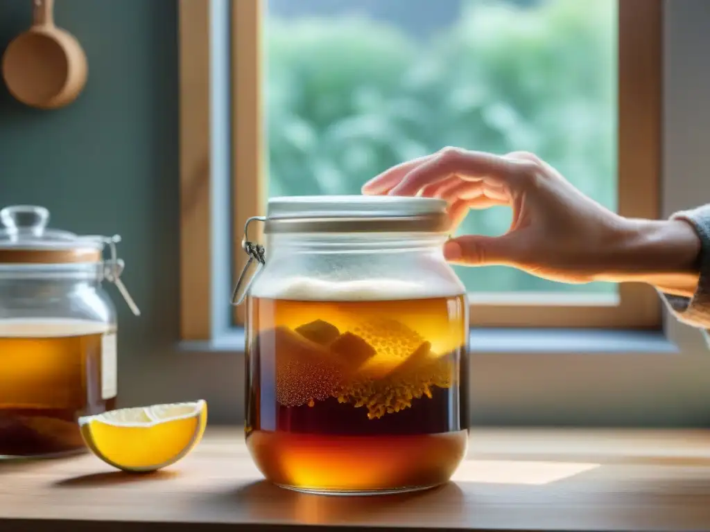 Manos cuidadosas levantan un SCOBY en un tarro de kombucha sin gluten, en una cocina llena de ingredientes