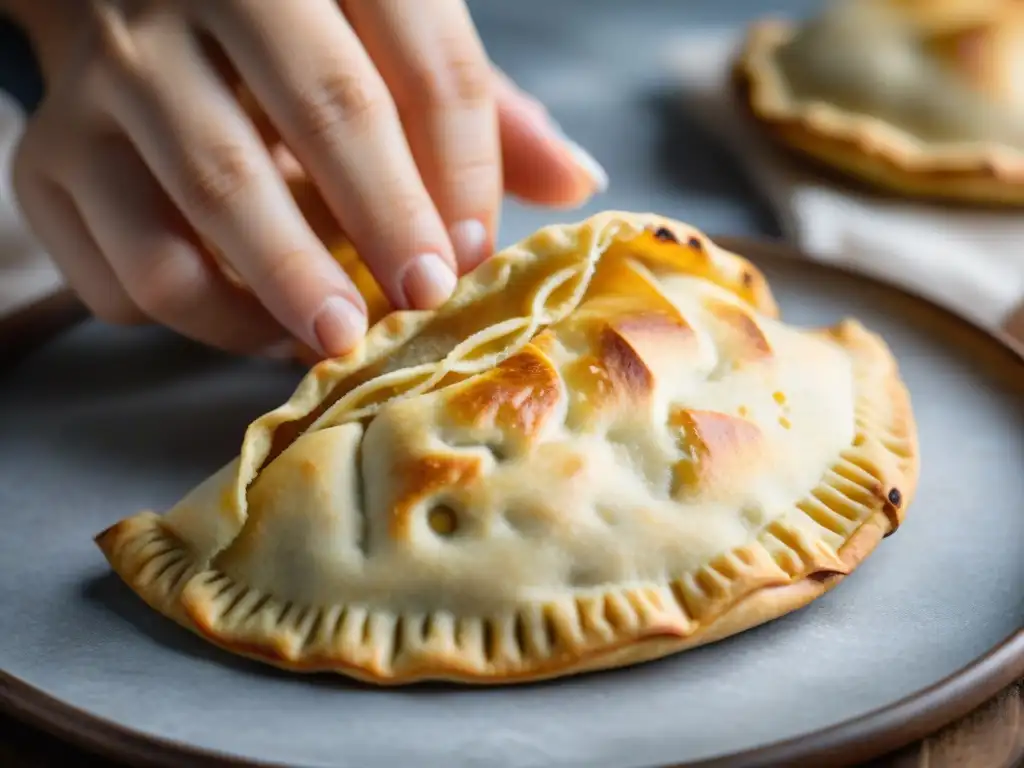 Manos expertas doblan la masa dorada de una empanada sin gluten, creando una receta perfecta