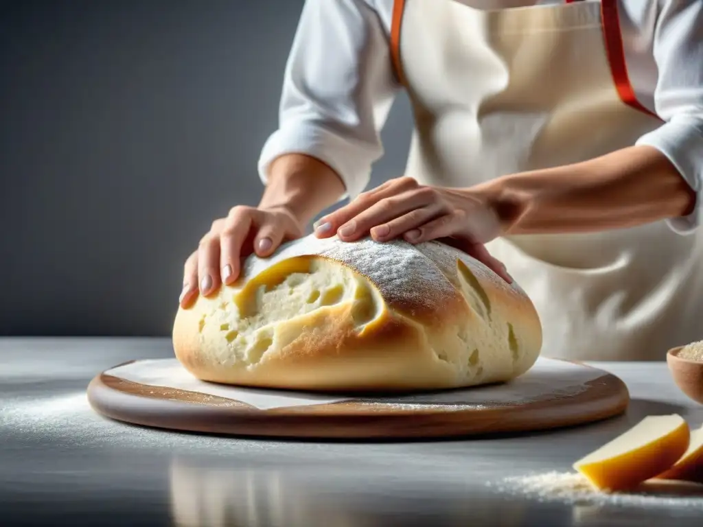 Unas manos expertas moldean masa sin gluten en encimera de mármol, con precisión y dedicación