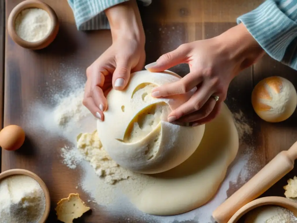 Manos expertas moldeando masa de pan sin gluten artesanal en superficie de madera, evocando calidez y tradición