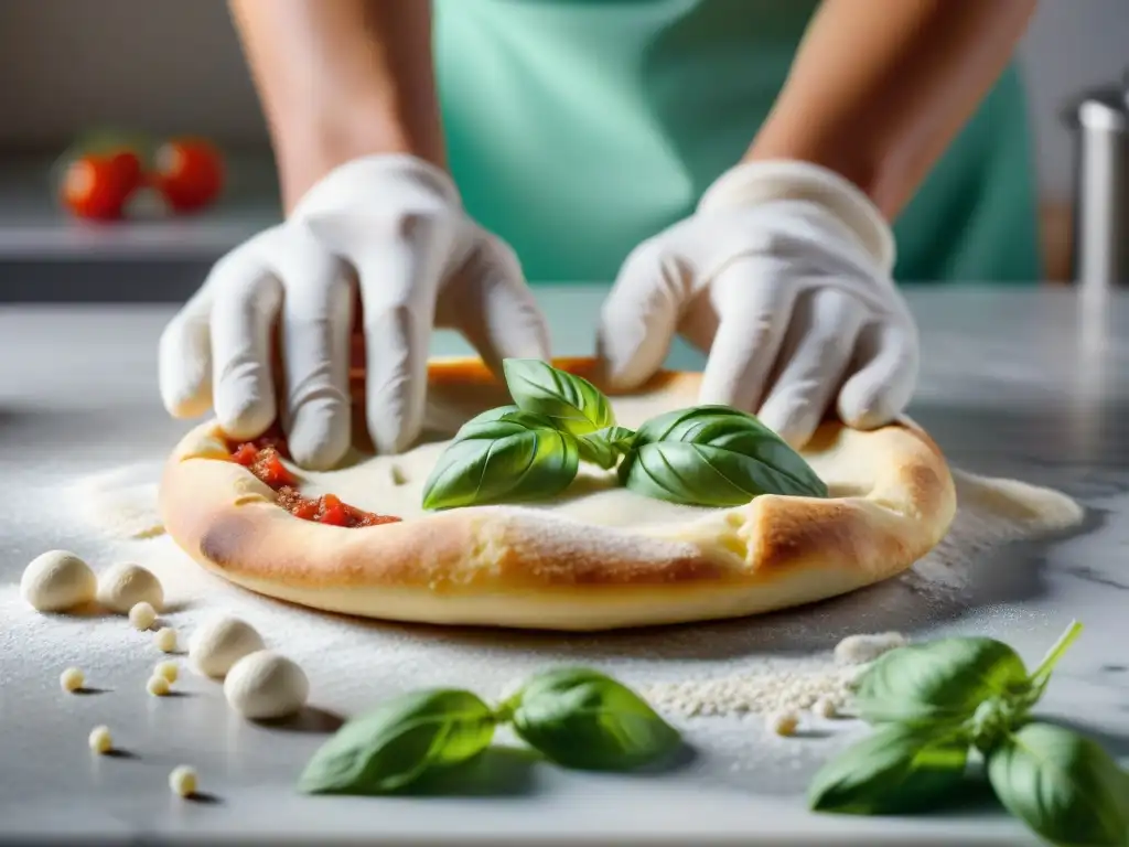 Unas manos expertas moldean masa de pizza sin gluten en una encimera de mármol, con hojas de albahaca fresca al fondo