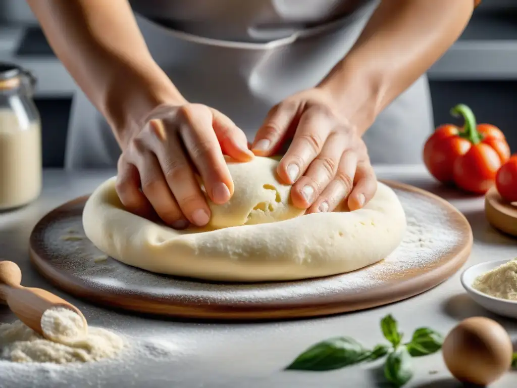 Unas manos expertas amasan una masa de pizza sin gluten en una encimera de mármol, creando una atmósfera cálida y acogedora