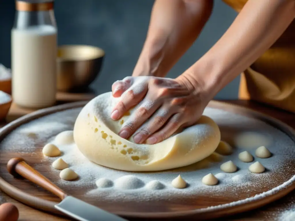 Las manos expertas de un panadero amasando masa sin gluten, con gotas de agua brillando en la superficie