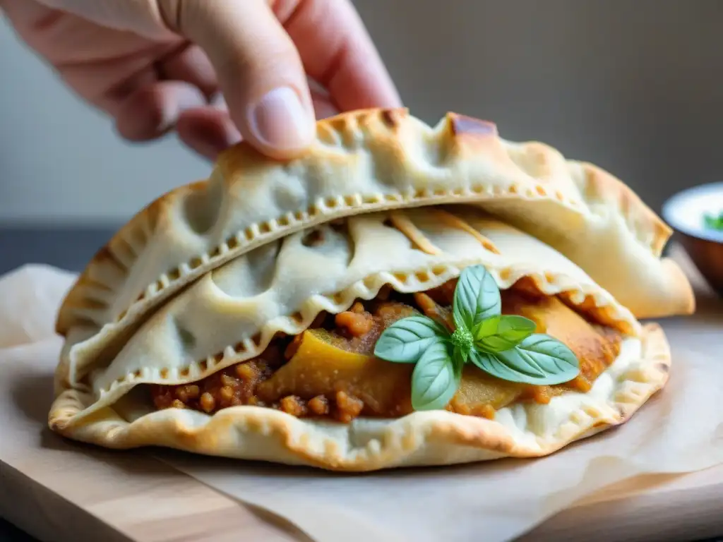 Manos expertas doblan con precisión una empanada sin gluten perfecta, sobre una encimera de mármol con ingredientes frescos