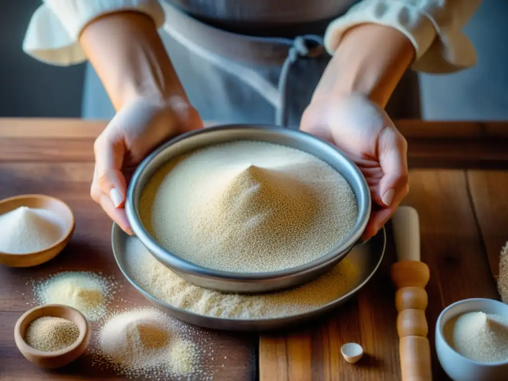 Manos femeninas tamizando harina sin gluten casera en un cuenco de vidrio sobre mesa rústica