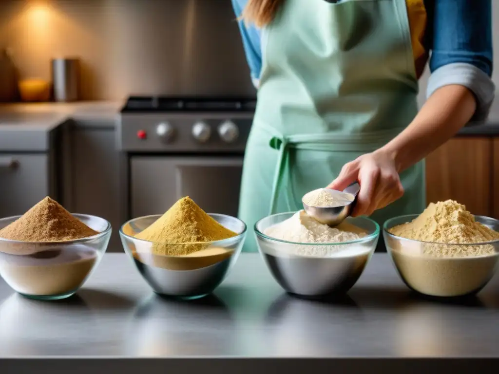 Manos mezclando harinas sin gluten en cocina moderna