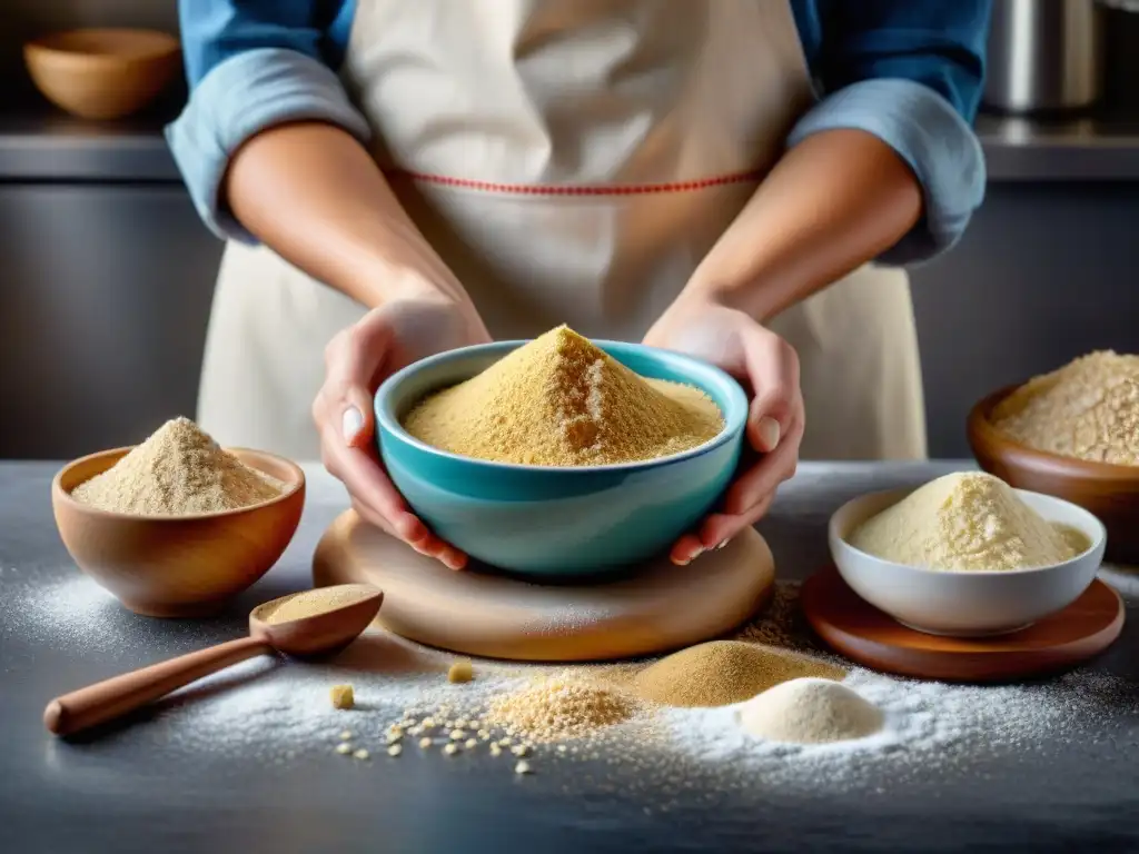 Manos midiendo harinas sin gluten en cuencos, evitando errores en detallado proceso de repostería