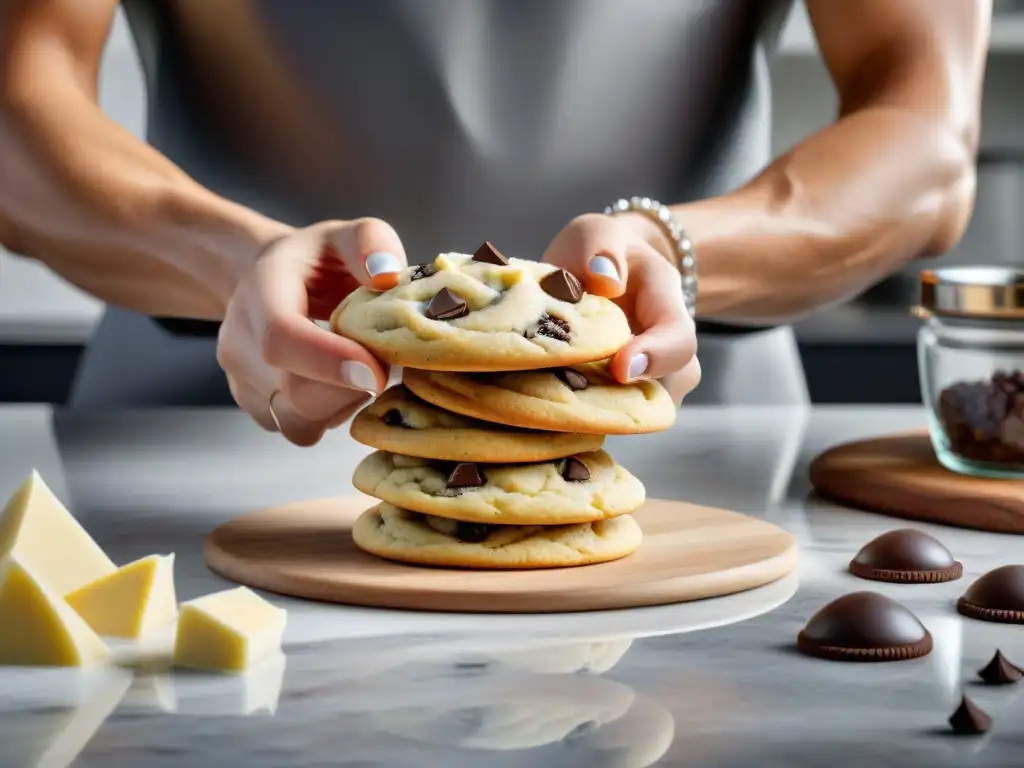 Unas manos mezclando masa de galletas sin gluten en una cocina moderna, creando una obra deliciosa con chocolate