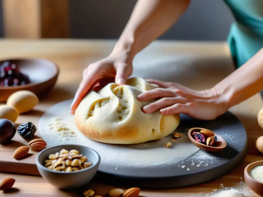 Unas manos amasan suavemente masa sin gluten para hacer pan dulce, junto a frutos secos y frutas deshidratadas