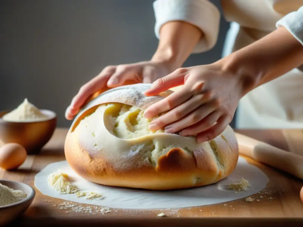 Unas manos amasan suavemente masa de pan sin gluten en una superficie de madera clara, creando una atmósfera cálida y hogareña