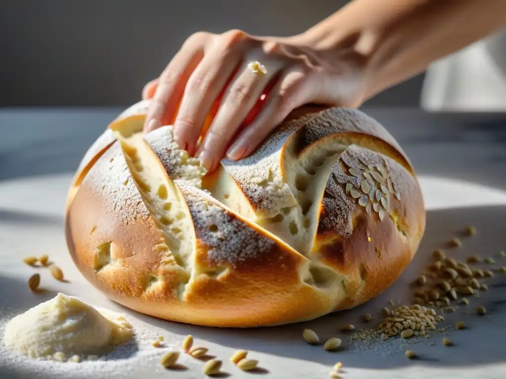 Manos amasando masa de pan multigrano sin gluten en encimera de mármol