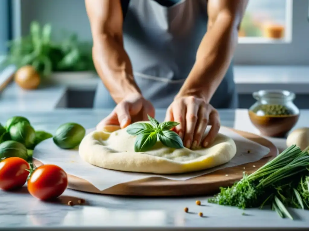 Manos amasan masa de pizza sin gluten en elegante encimera de mármol, con hierbas frescas y verduras al fondo