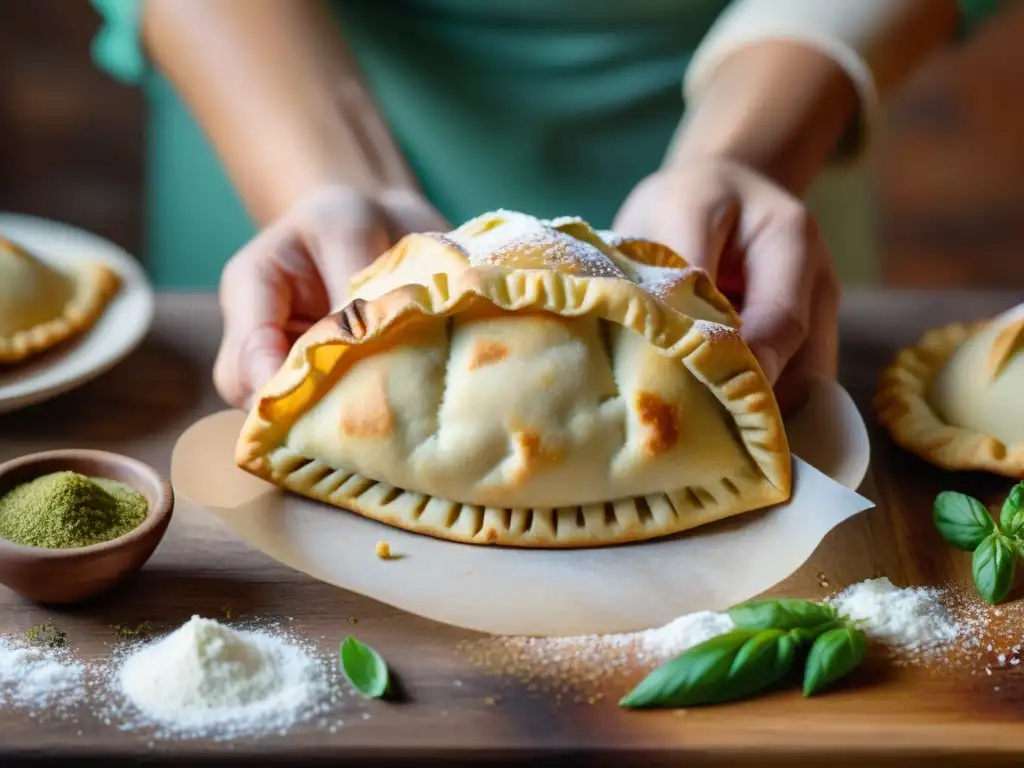 Unas manos de panadero expertas crean una receta de empanadas sin gluten perfectas en una escena auténtica y acogedora