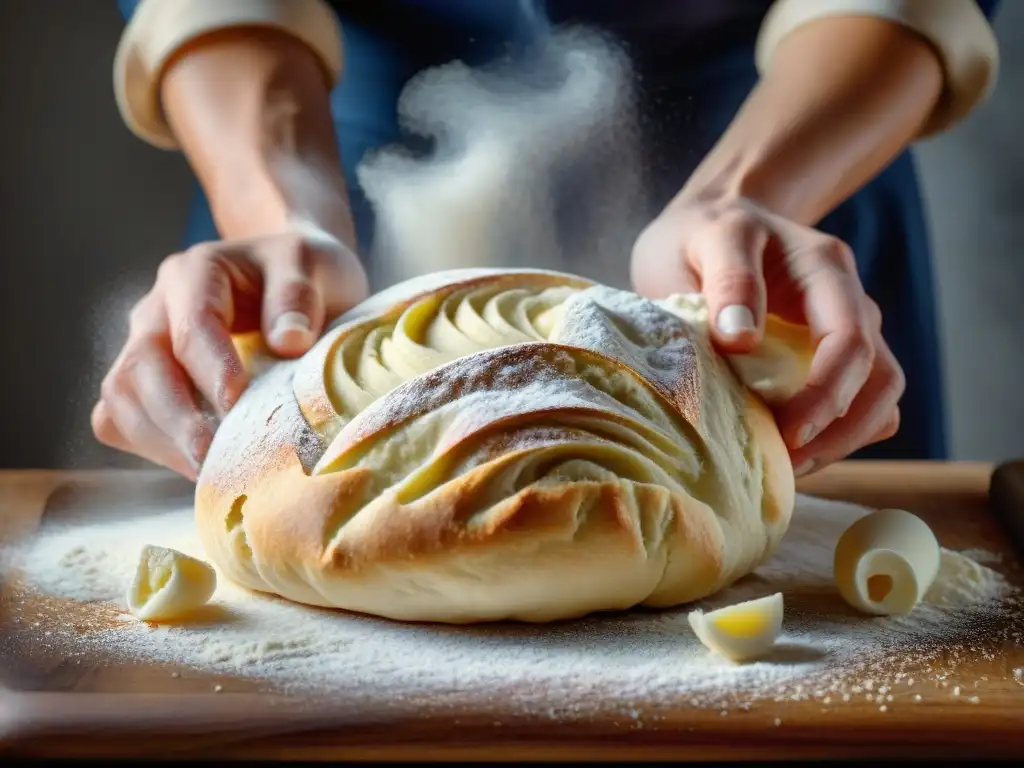 Manos de panadero experto creando masa sin gluten con precisión y destreza