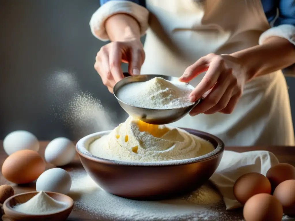 Unas manos de panadero tamizando harina sin gluten en un bol vintage, creando bizcochos sin gluten esponjosos