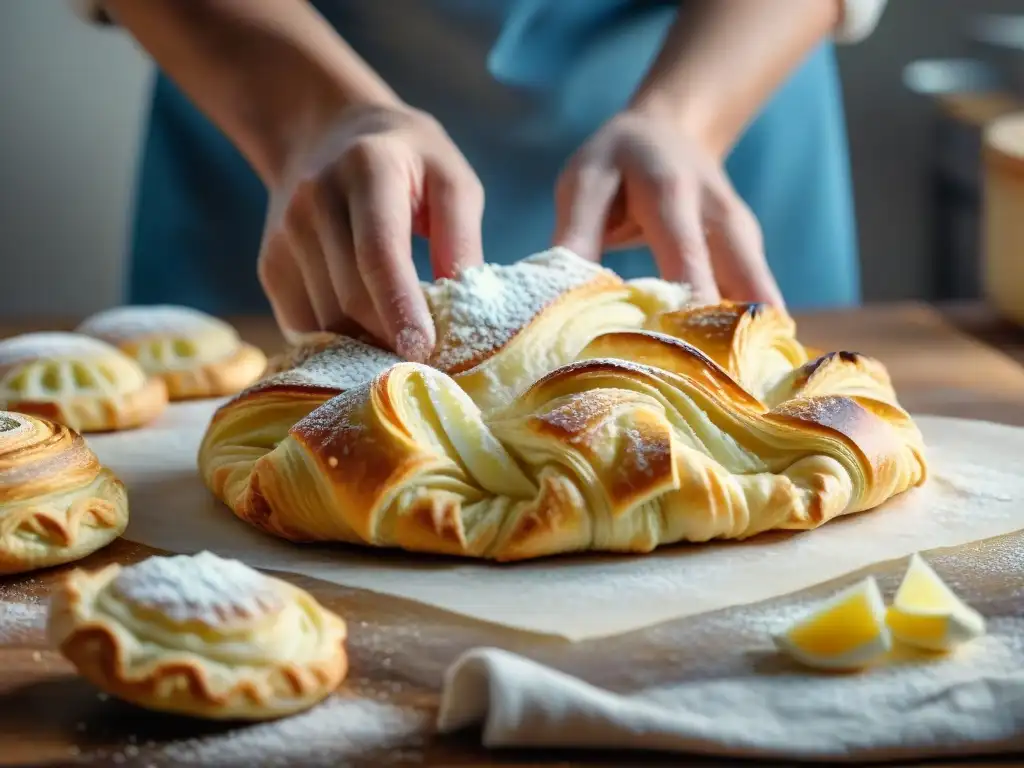 Manos de panadero elaborando hojaldre sin gluten casero con meticulosidad y pasión