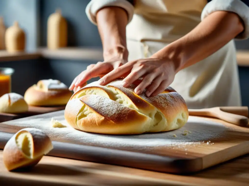 Manos de panadero moldeando masa sin gluten, desafío único en la panificación, detalle y concentración en la cocina cálida