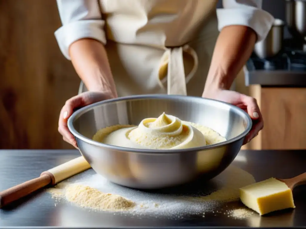 Manos de panadero amasando masa sin gluten en bowl de acero, destacando la importancia de la hidratación