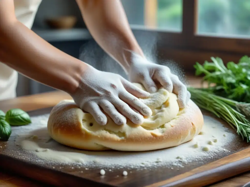 Las manos del panadero amasan expertamente masa sin gluten, con agua brillante y harina en el aire, en una cocina rústica iluminada con luz natural