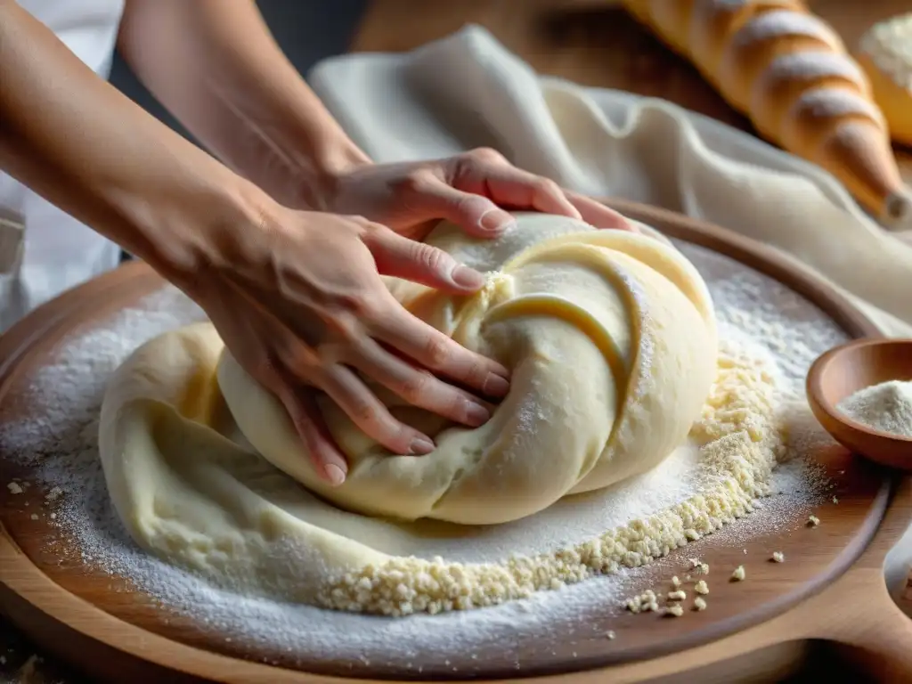 Unas manos de panadero amasan con precisión una masa elástica de harina sin gluten