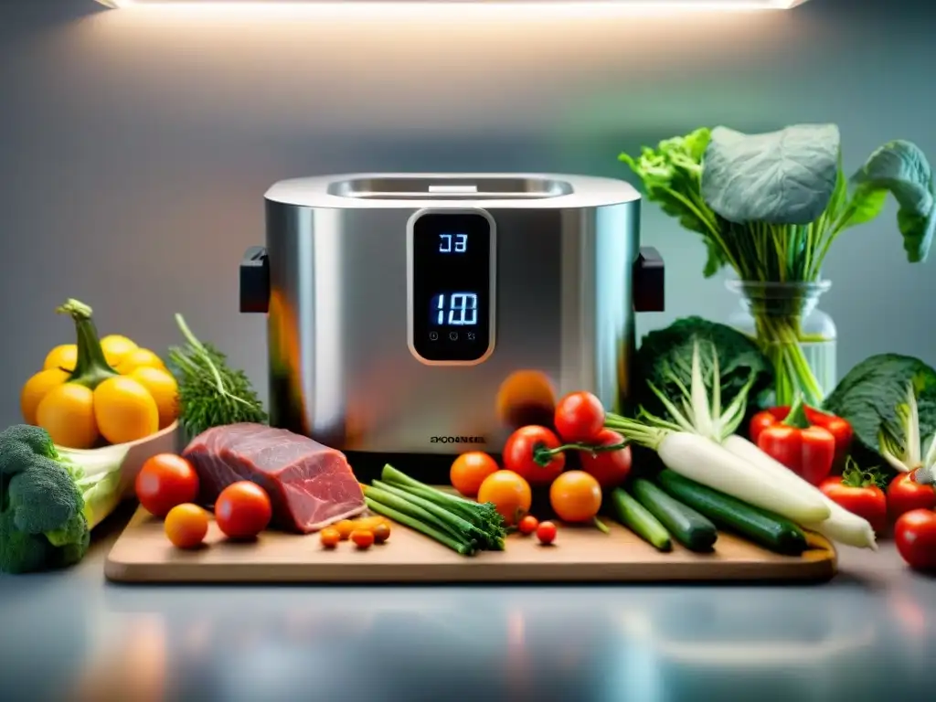 Una máquina sous vide de acero inoxidable rodeada de ingredientes frescos y carnes sin gluten, ideal para cocinar sin gluten con sous vide