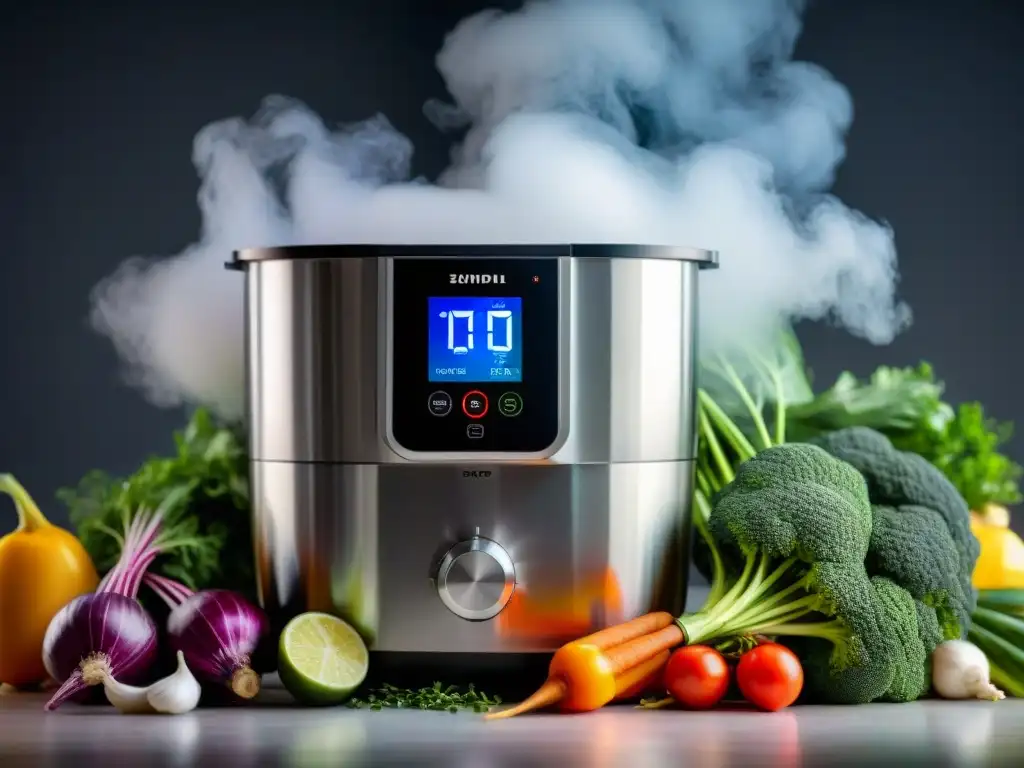 Una máquina sous vide moderna rodeada de ingredientes frescos y vibrantes sin gluten en una cocina minimalista