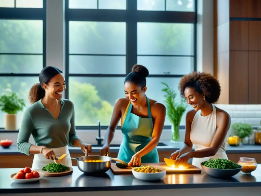 Maratones de cocina sin gluten: Amigos riendo y cocinando juntos en una cocina moderna y espaciosa, llena de ingredientes coloridos