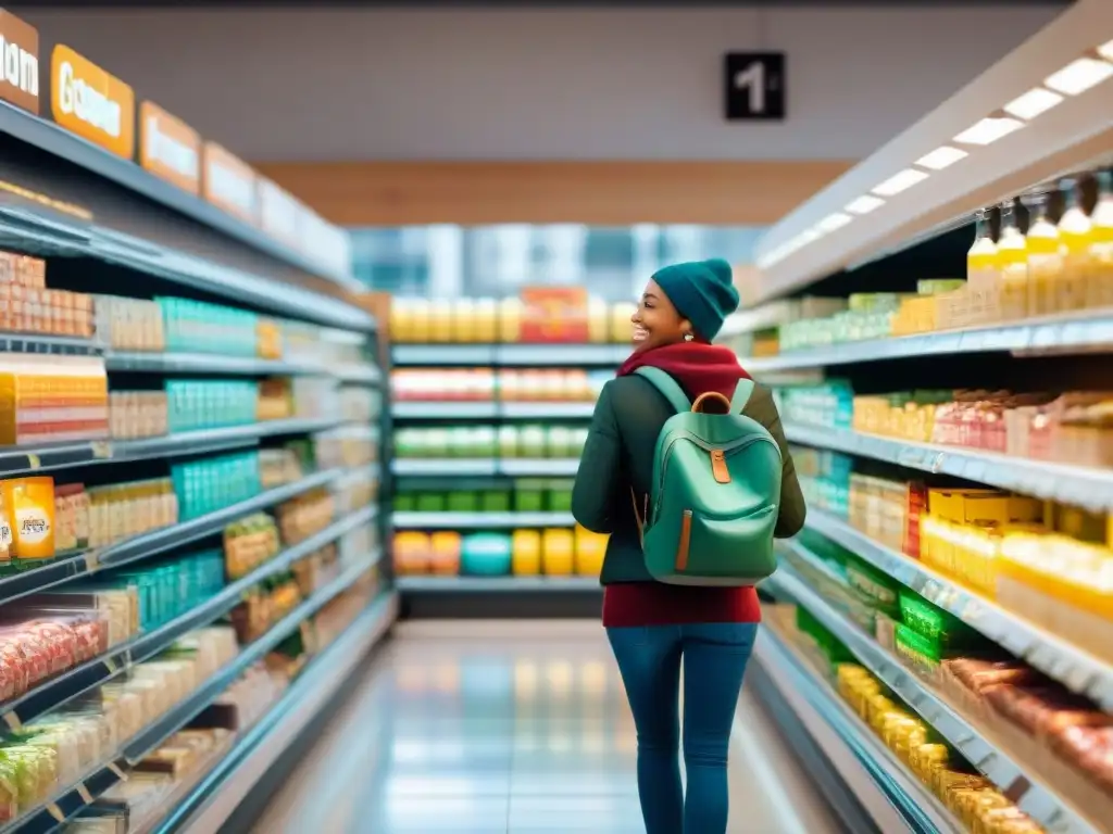 Marcas sin gluten supermercado imprescindibles: Grupo diverso feliz comprando en pasillo lleno de productos coloridos