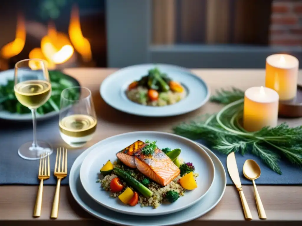Exquisita mesa de glutenfree: maridaje de sabores y elegancia Maridaje sin gluten y alcohol: Mesa elegante con platos y copas, iluminada por velas, creando una atmósfera cálida y sofisticada