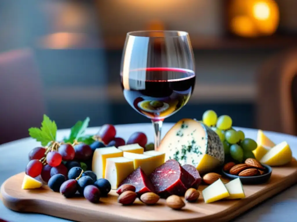 Exquisita copa de vino tinto y tabla gourmet sin gluten Maridaje sin gluten y alcohol: copa de vino merlot y tabla de quesos, carnes y frutas en ambiente elegante