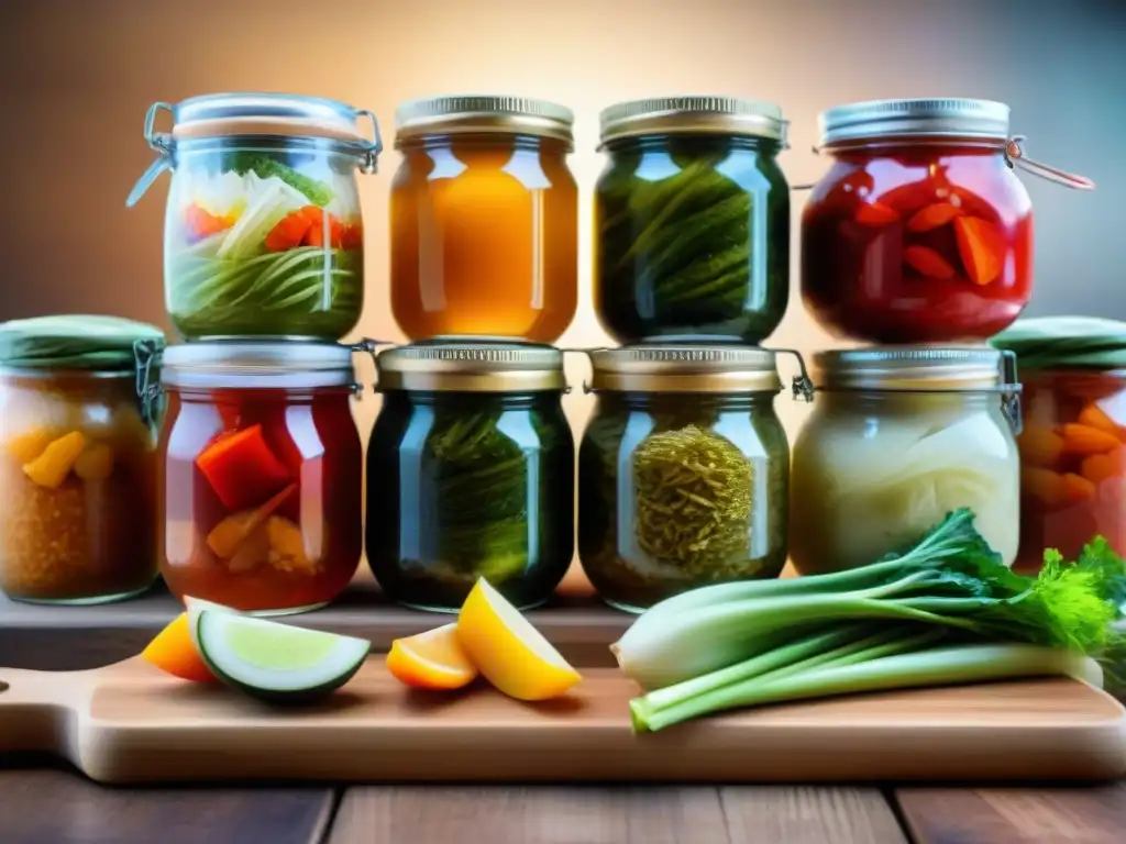 Maridaje perfecto: variedad de alimentos fermentados sin gluten, como kimchi, sauerkraut, kombucha y miso, en una tabla de madera