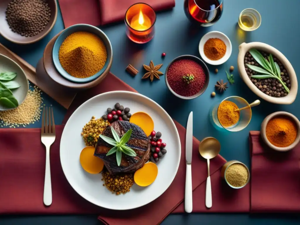 Maridaje de vinos y especias sin gluten en mesa elegante con deliciosos platillos