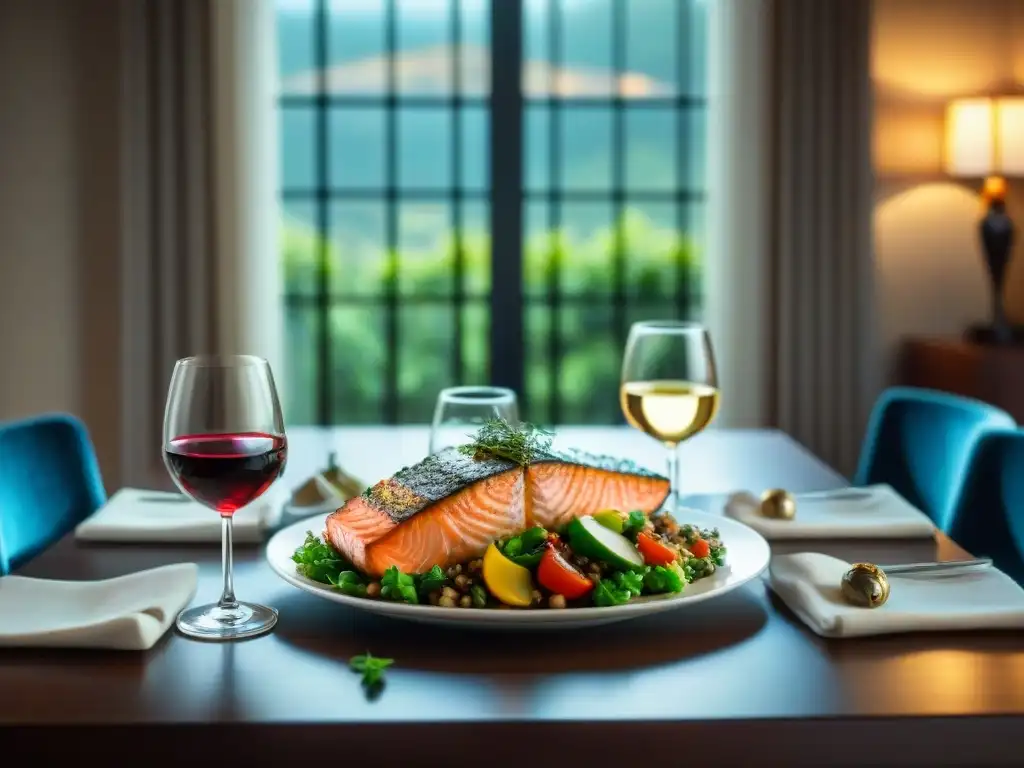 Maridaje vinos sin gluten en mesa elegante con platos variados y copas de vino, bañados en cálida luz natural