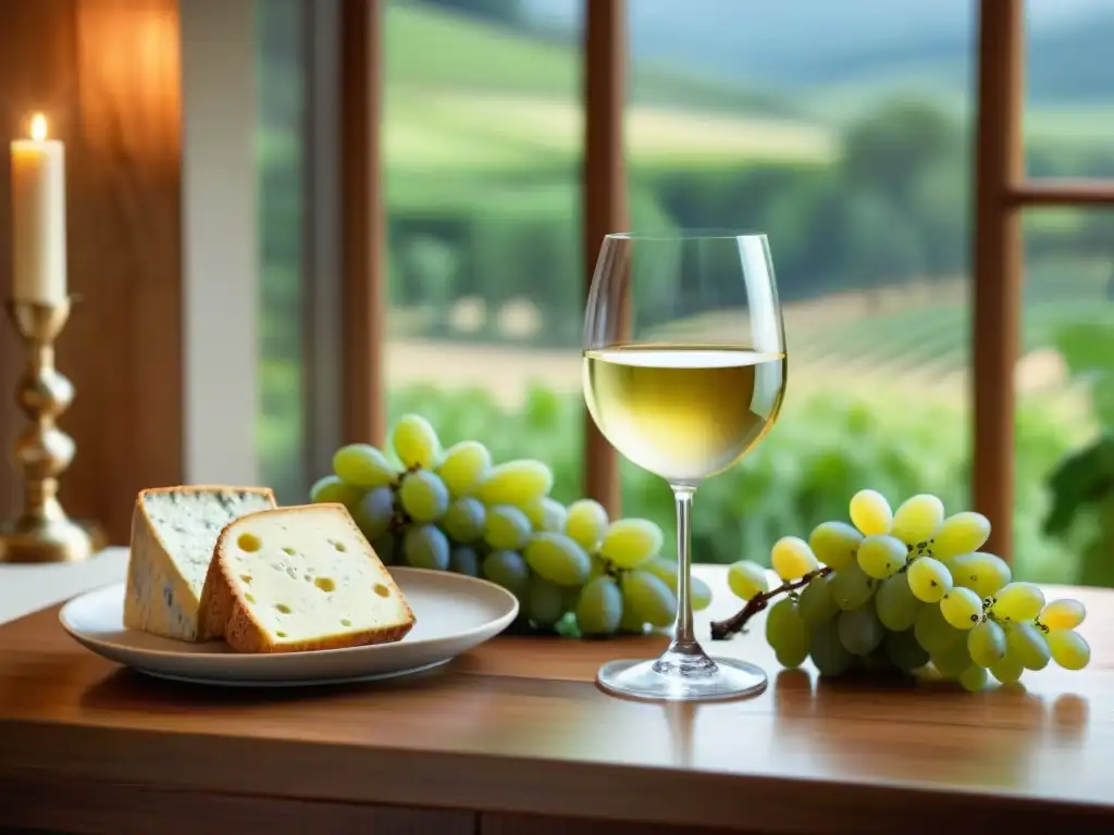 Maridajes de vino sin gluten: Mesa elegante con vinos blancos sin gluten, uvas frescas, quesos artesanales y galletas