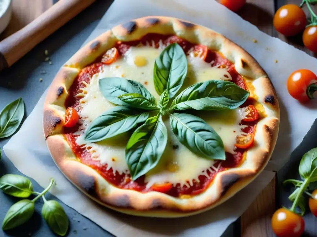 Masa pizza sin gluten crujiente en una textura dorada y crujiente, sobre tabla de madera rústica con ingredientes frescos al fondo