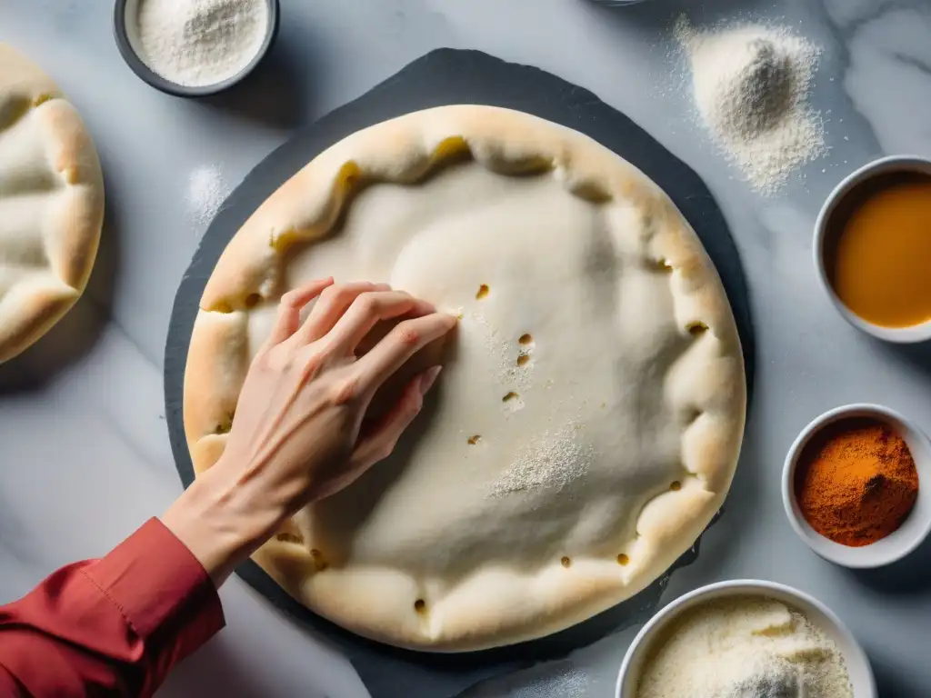 Hábilmente amasando masa de pizza sin gluten crujiente y sabrosa en una encimera de mármol