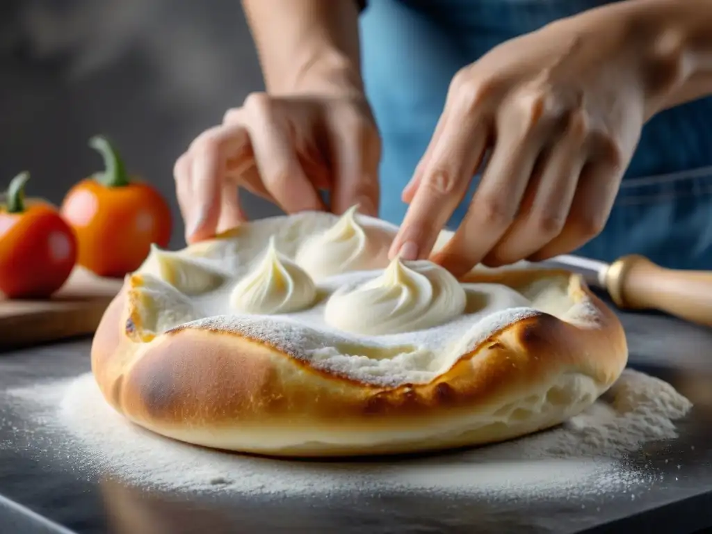 Preparación de masa de pizza sin gluten, mostrando su textura y elasticidad en un elegante encimera de mármol