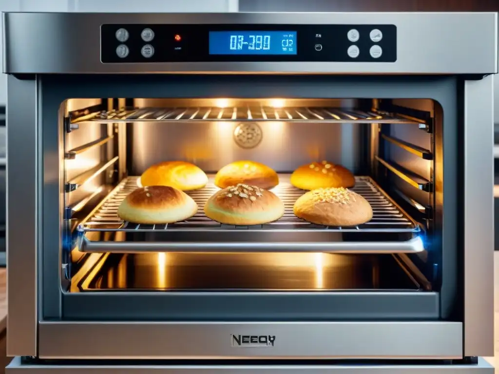 Mejor horno para recetas sin gluten con pan, muffins y galletas en su interior iluminado, en una cocina moderna de acero inoxidable