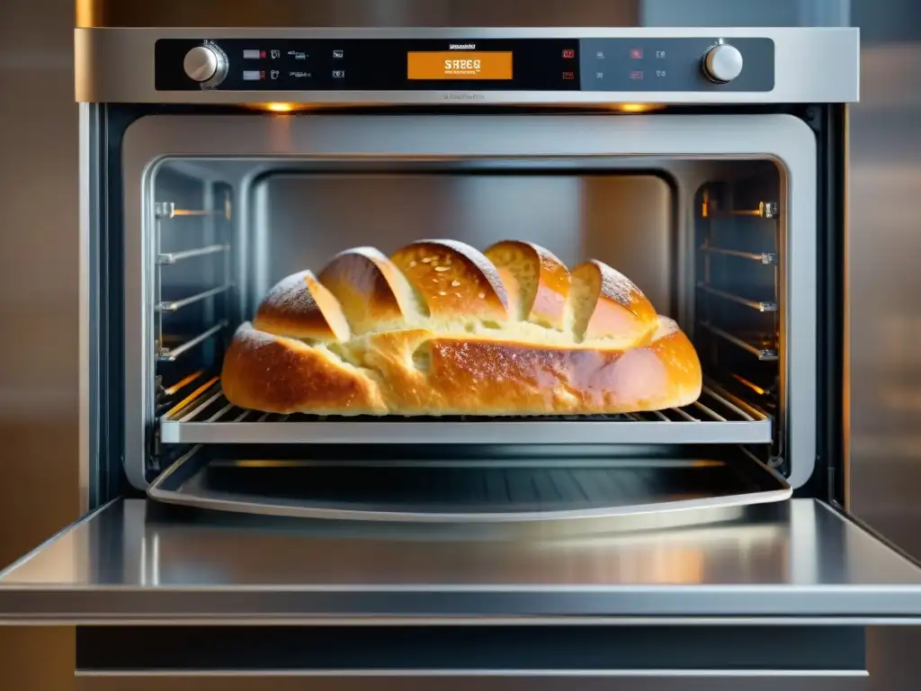 El mejor horno para recetas sin gluten: horno de acero inoxidable con pan, pasteles y pizzas recién horneados, exudando calidez y aroma tentador