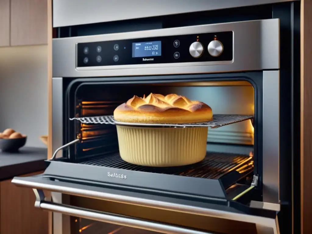 El mejor horno para recetas sin gluten: un moderno horno de acero inoxidable con un soufflé dorado y perfectamente horneado en su interior