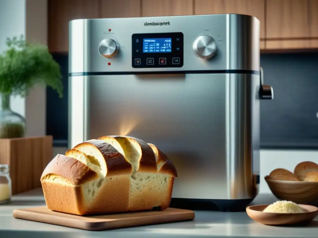 Mejor panificadora sin gluten en cocina moderna horneando pan fresco de forma detallada y realista