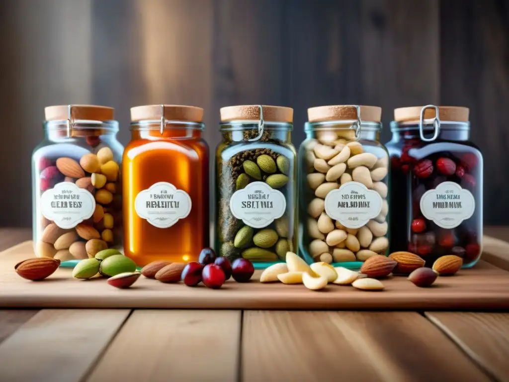Mejores marcas de frutos secos sin gluten en mesa rústica con variedad de nueces y frutas secas en tarros de cristal