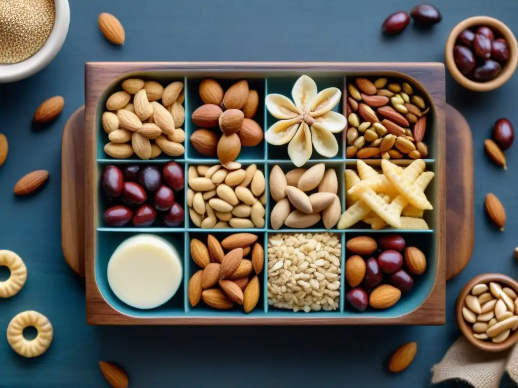 Las mejores marcas de frutos secos sin gluten: variedad vibrante de frutos secos y snacks en una mesa de madera rústica
