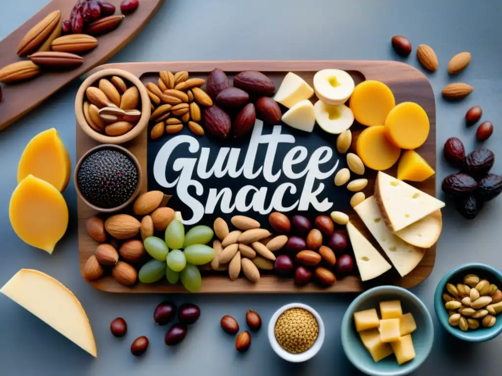 Las mejores marcas de frutos secos sin gluten en una tabla de charcutería moderna, con variedad de snacks coloridos y texturas