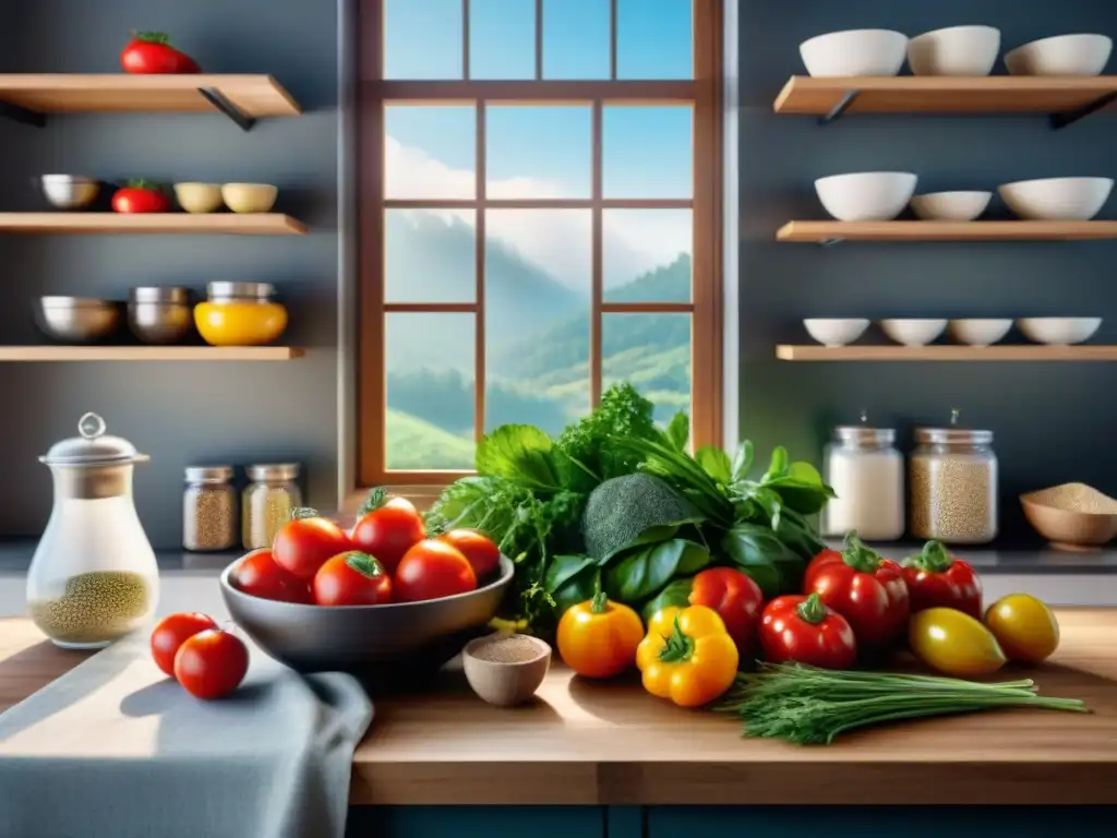 Preparación mental para cocina sin gluten: Vista serena de ingredientes frescos y coloridos en una cocina organizada